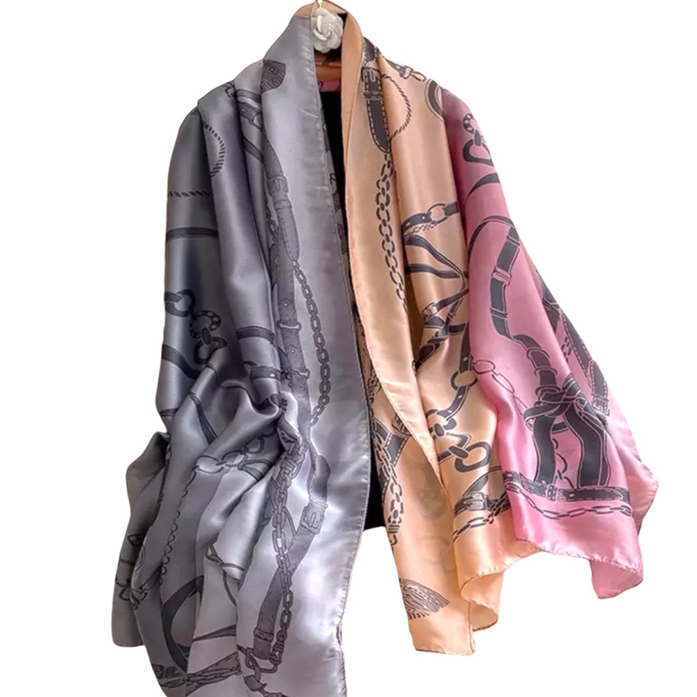 Silky Chain Print Colorblock Scarf - Gray, Peach & Pink